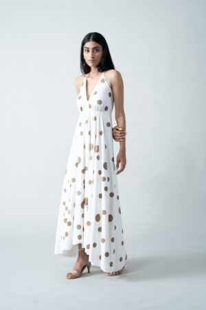 Halter Tie-Back Dress with Gold Polka Block Print - Image 6