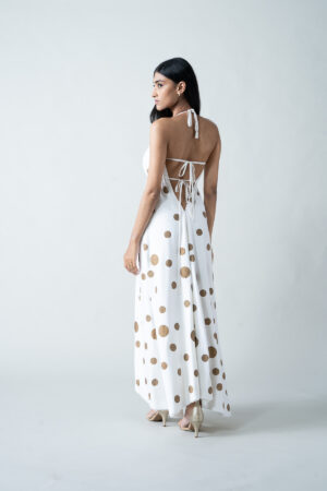 Halter Tie-Back Dress with Gold Polka Block Print - Image 5