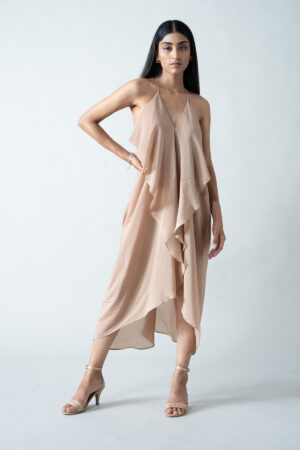 Beige High-Low Crepe Drape Dress - Image 4