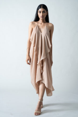 Beige High-Low Crepe Drape Dress