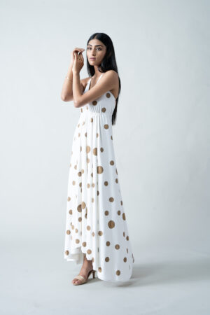 Halter Tie-Back Dress with Gold Polka Block Print - Image 4