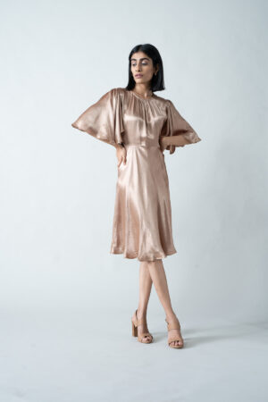 Beige Gold Gaji Silk Flowy Dress