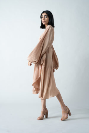 Beige Wrap-Around Dress with Vintage Voluminous Sleeves