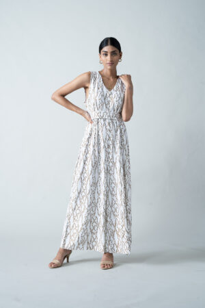 White Lycra Jumpsuit with Running Block Print