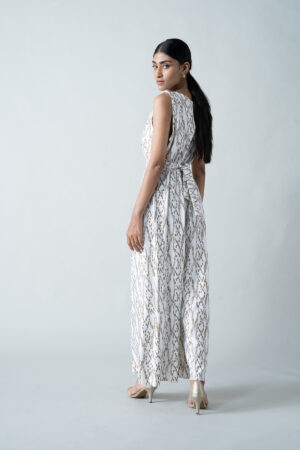 White Lycra Jumpsuit with Running Block Print - Image 3