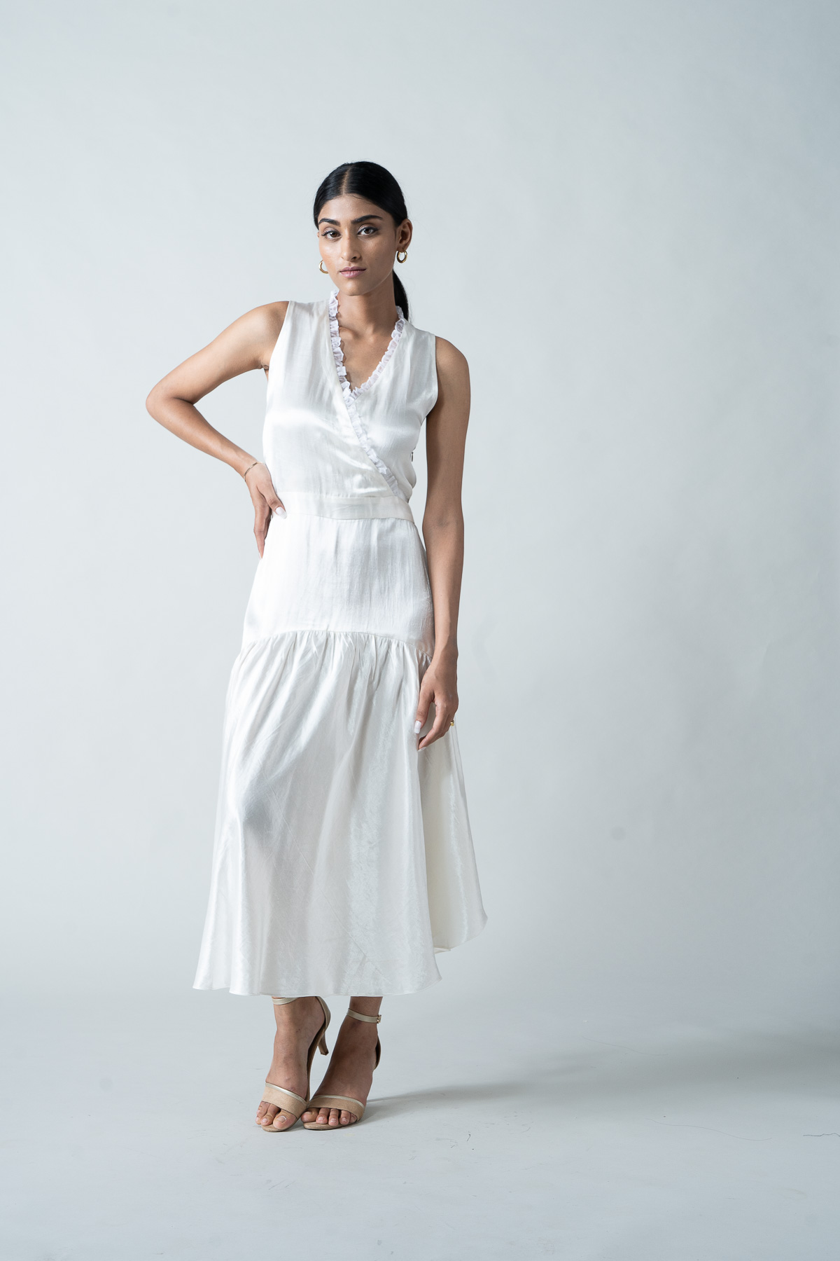 White Gaji Silk Dress with Organza Trims