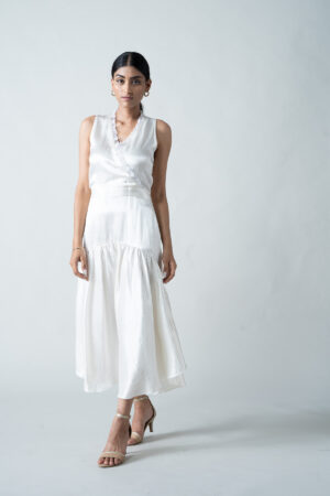 White Gaji Silk Dress with Organza Trims - Image 5