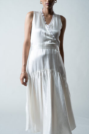 White Gaji Silk Dress with Organza Trims - Image 3