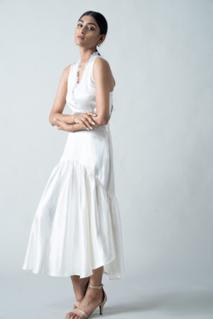 White Gaji Silk Dress with Organza Trims - Image 2