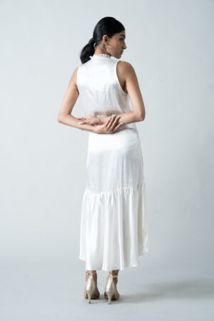 White Gaji Silk Dress with Organza Trims - Image 4