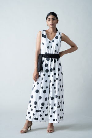 White Lycra Jumpsuit with Running Polka Dot Block Print