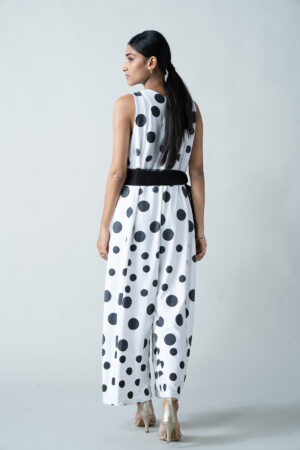White Lycra Jumpsuit with Running Polka Dot Block Print - Image 4