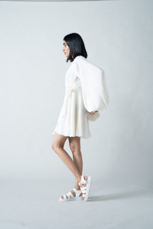 White Wrap-Around Dress with Vintage Voluminous Sleeves - Image 3
