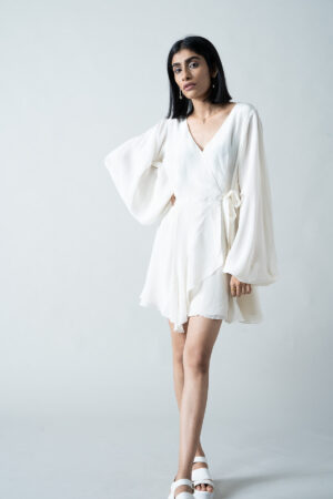 White Wrap-Around Dress with Vintage Voluminous Sleeves