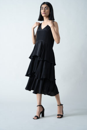 Natural Black Crepe Ruffled Layered Dress