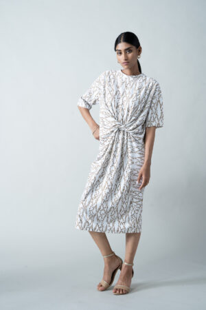 White Linen Gold Block Print Dress - Image 1