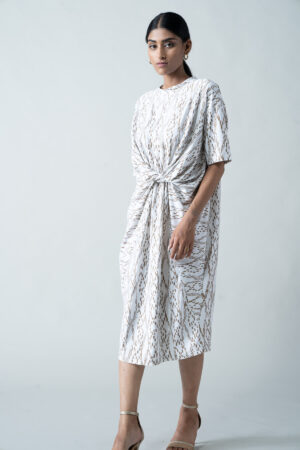 White Linen Gold Block Print Dress - Image 3